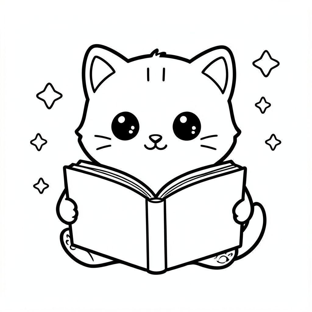 Mèo con Kawaii ngồi và cầm một cuốn truyện mở lớn, nhìn vào các trang với sự phấn khích, những ngôi sao hoặc hình dạng đơn giản xung quanh, nền tối giản, trang tô màu đen trắng, đường viền dày đậm, không màu, nền trắng, không gian lớn, --ar 2:3

Mèo con Kawaii, đầu tròn rất to, thân hình nhỏ xíu, chân ngắn, bàn chân nhỏ, mắt to tròn, mũi đen nhỏ, khuôn mặt cười dễ thương, má mũm mĩm, 3 đường nhỏ trên trán, râu đơn giản, tai tròn nhỏ với chi tiết bên trong, hình tròn mềm mại, không có cạnh sắc

Tranh tô màu đen trắng, đường viền sạch sẽ dày đậm, không màu, không thang độ xám, nền trắng, nền đơn giản tối thiểu, không gian mở rộng để tô màu dễ dàng, thân thiện với trẻ em, hình dạng đơn giản, không đổ bóng, không kết cấu, không lộn xộn, --ar 2: 3