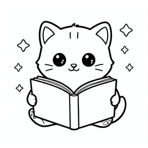 Kawaii baby cat sitting and holding a big open storybook, looking at pages with excitement, simple stars or shapes around, minimal background, black and white coloring page, bold thick outline, no color, white background, large spaces, --ar 2:3

Kawaii baby cat, very big round head, tiny small body, short legs, small paws, large round eyes, small black nose, cute smiling face, chubby cheeks, 3 small lines on forehead, simple whiskers, small rounded ears with inner detail, soft rounded shapes, no sharp edges

Black and white coloring page, bold thick clean outline, no color, no grayscale, white background, minimal simple background, large open spaces for easy coloring, kid-friendly, simple shapes, no shading, no textures, no clutter, --ar 2:3