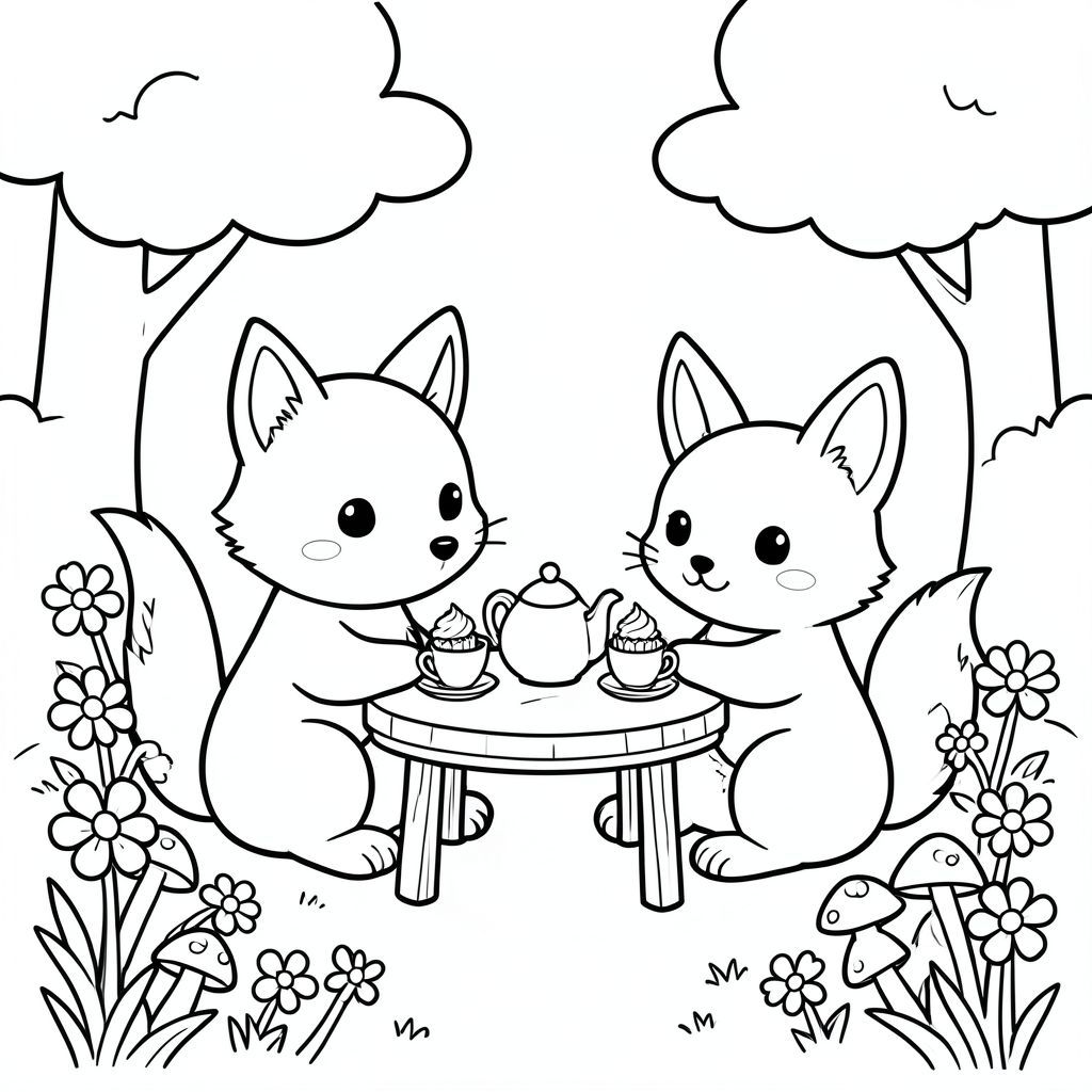 ack and white kids colouring book line art, cute kawaii cozy style. “A cute fox and bunny having a tea party in a forest clearing, sitting at a small wooden table with tiny teacups, cupcakes, and a teapot, surrounded by flowers and mushrooms. Include soft rounded clouds. Thick bold smooth outlines, no shading, no colours, white background. Very simple rounded shapes, minimal details, child-friendly, printable colouring pages, clean vector line art, centred composition, square layout.