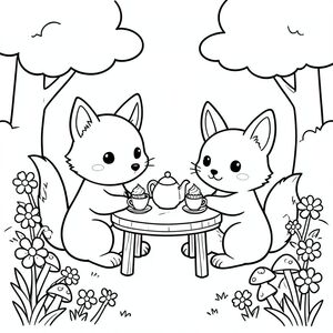 ack and white kids colouring book line art, cute kawaii cozy style. “A cute fox and bunny having a tea party in a forest clearing, sitting at a small wooden table with tiny teacups, cupcakes, and a teapot, surrounded by flowers and mushrooms. Include soft rounded clouds. Thick bold smooth outlines, no shading, no colours, white background. Very simple rounded shapes, minimal details, child-friendly, printable colouring pages, clean vector line art, centred composition, square layout.