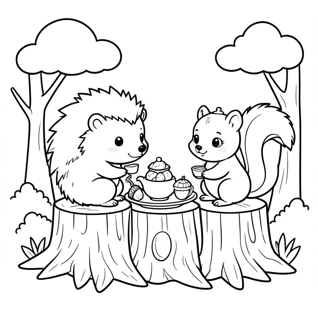 black and white kids colouring book line art, cute kawaii cozy style.“ An adorable hedgehog and squirrel enjoying afternoon tea on tree stumps, with acorn pastries and a teapot, woodland setting. Include soft rounded clouds. Thick bold smooth outlines, no shading, no colours, white background. Very simple rounded shapes, minimal details, child-friendly, printable colouring pages, clean vector line art, centred composition, square layout.