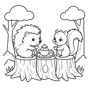 black and white kids colouring book line art, cute kawaii cozy style.“ An adorable hedgehog and squirrel enjoying afternoon tea on tree stumps, with acorn pastries and a teapot, woodland setting. Include soft rounded clouds. Thick bold smooth outlines, no shading, no colours, white background. Very simple rounded shapes, minimal details, child-friendly, printable colouring pages, clean vector line art, centred composition, square layout.