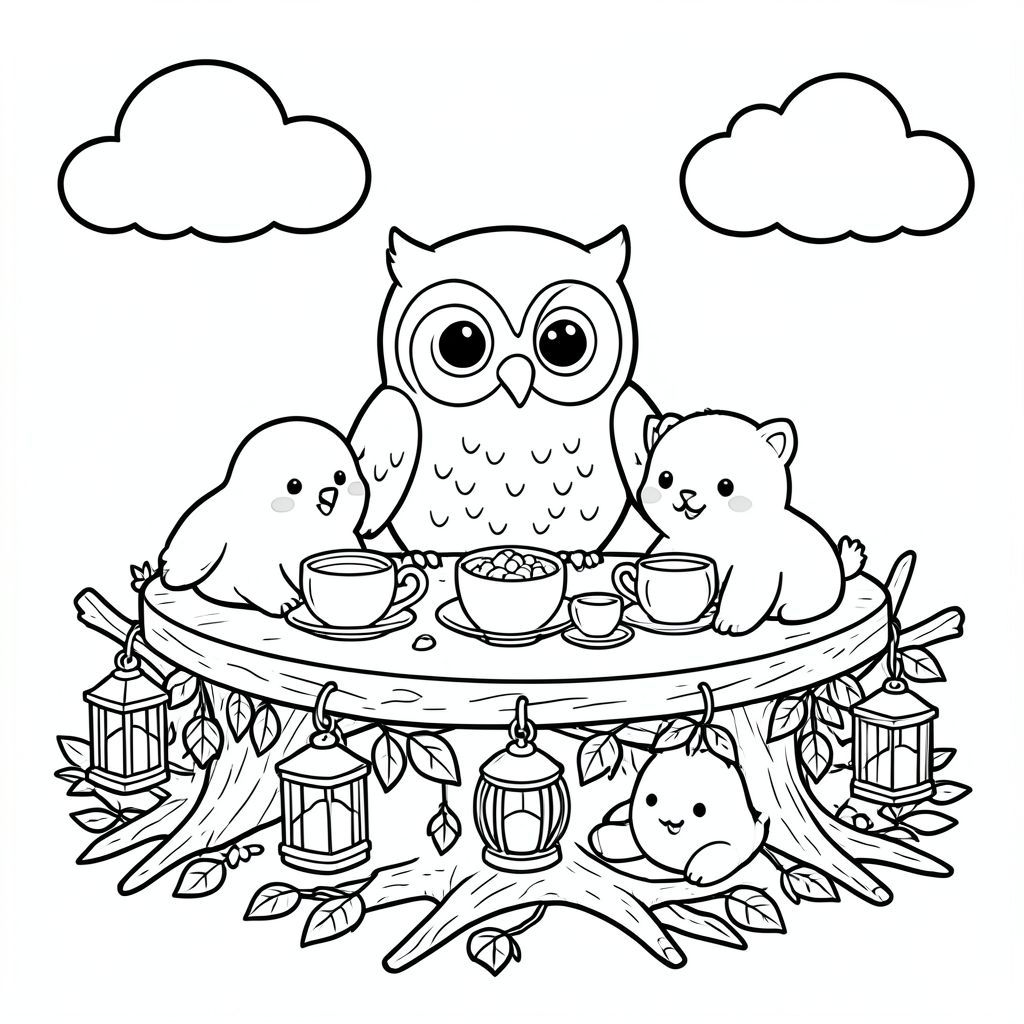 black and white kids colouring book line art, cute kawaii cozy style. “A wise owl hosting a tea party for forest animals on a table made of branches, decorated with lanterns and leaves, cute storybook style, black and white line art for colouring.” Include soft rounded clouds. Thick bold smooth outlines, no shading, no colours, white background. Very simple rounded shapes, minimal details, child-friendly, printable colouring pages, clean vector line art, centred composition, square layout.