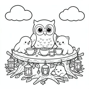 black and white kids colouring book line art, cute kawaii cozy style. “A wise owl hosting a tea party for forest animals on a table made of branches, decorated with lanterns and leaves, cute storybook style, black and white line art for colouring.” Include soft rounded clouds. Thick bold smooth outlines, no shading, no colours, white background. Very simple rounded shapes, minimal details, child-friendly, printable colouring pages, clean vector line art, centred composition, square layout.