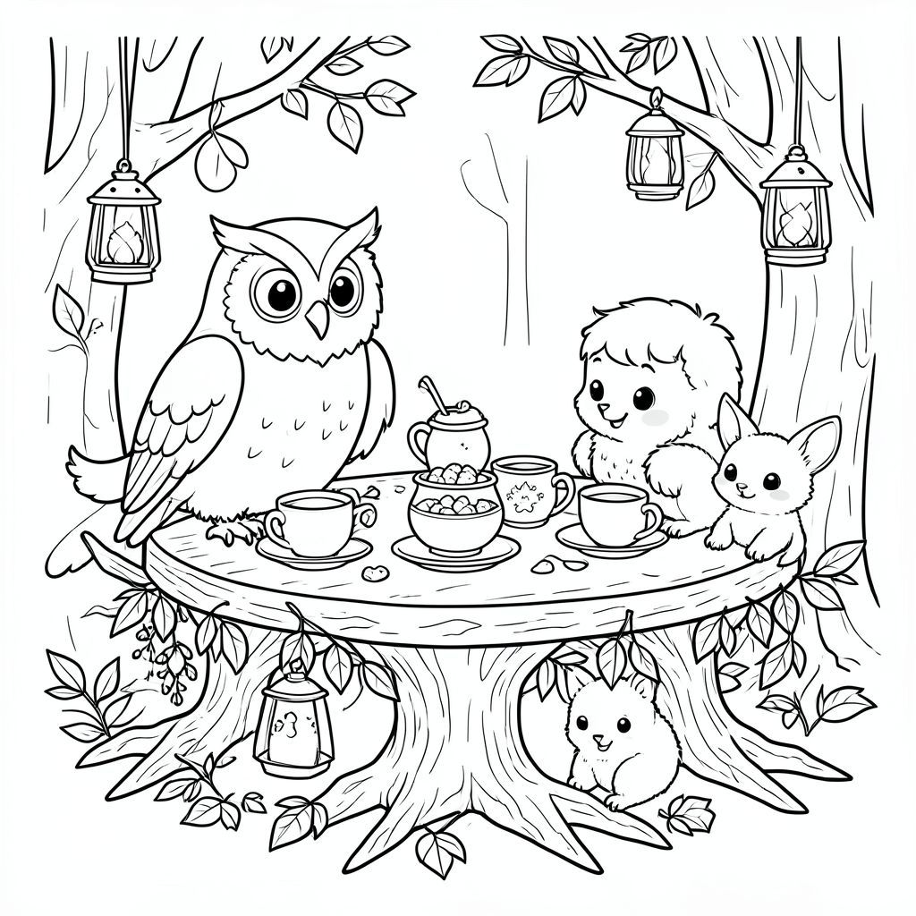 “A wise owl hosting a tea party for forest animals on a table made of branches, decorated with lanterns and leaves, cute storybook style, black and white line art for colouring.”
