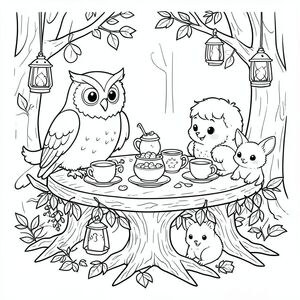 “A wise owl hosting a tea party for forest animals on a table made of branches, decorated with lanterns and leaves, cute storybook style, black and white line art for colouring.”