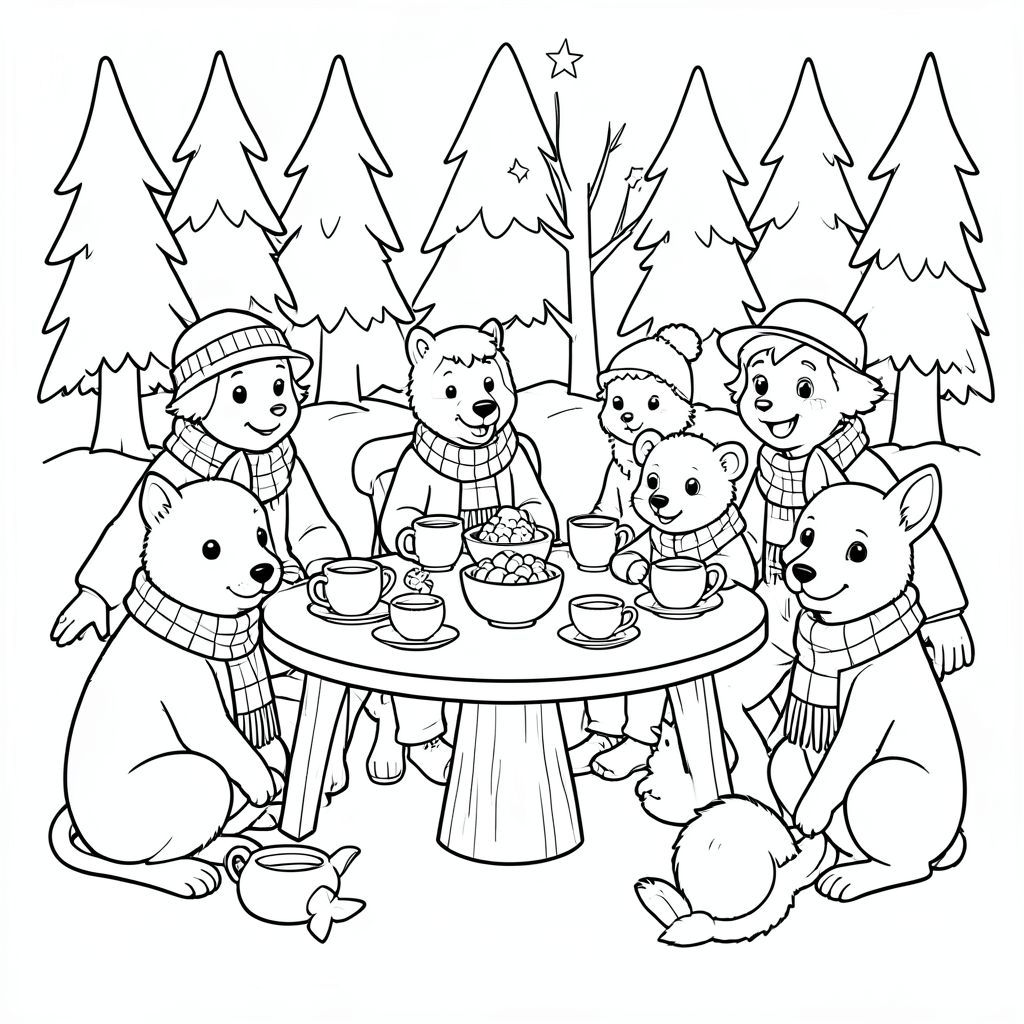 Một bữa tiệc trà trong rừng mùa đông với những con vật đeo khăn quàng cổ. Nghệ thuật đường nét đen trắng, đường viền rõ ràng đậm, không đổ bóng, không thang độ xám, trang sách màu, nền trắng.