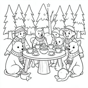 Một bữa tiệc trà trong rừng mùa đông với những con vật đeo khăn quàng cổ. Nghệ thuật đường nét đen trắng, đường viền rõ ràng đậm, không đổ bóng, không thang độ xám, trang sách màu, nền trắng.