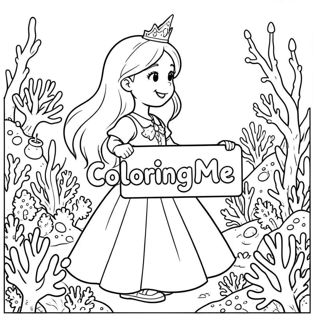 Ảnh chụp hồ sơ của một nàng công chúa thân thiện, cầm một tấm biển có dòng chữ "ColoringMe" được viết bằng chữ bong bóng màu trắng, trong hồ sơ, trong vương quốc rạn san hô dưới nước, theo phong cách siêu thực
