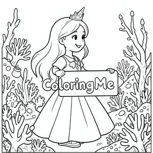 Ảnh chụp hồ sơ của một nàng công chúa thân thiện, cầm một tấm biển có dòng chữ "ColoringMe" được viết bằng chữ bong bóng màu trắng, trong hồ sơ, trong vương quốc rạn san hô dưới nước, theo phong cách siêu thực