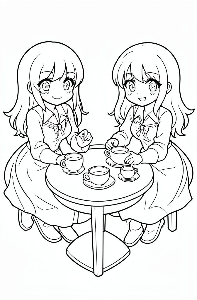 a tea party with 2 anime girls
