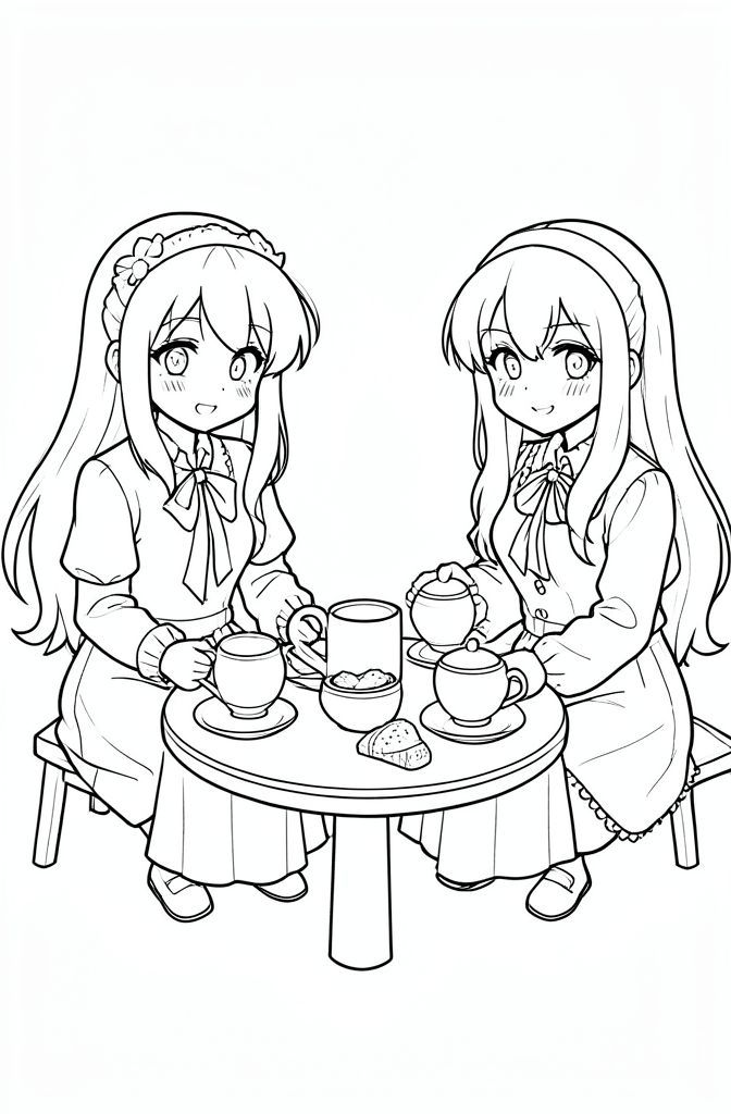 a tea party with 2 anime girls
