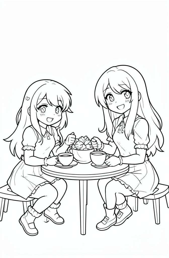 a tea party with 2 anime girls
