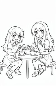 a tea party with 2 anime girls
