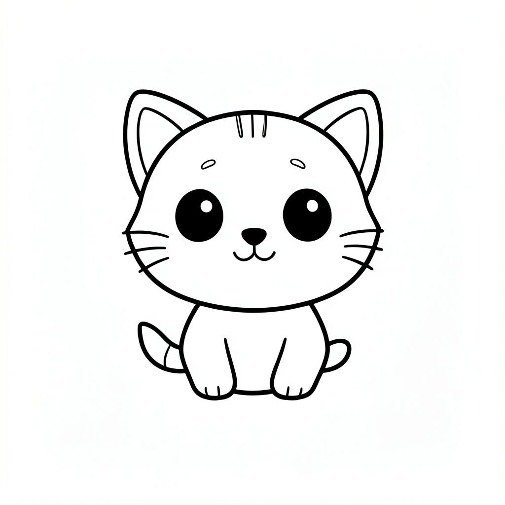 Kawaii baby cat character, very big round head, tiny body, short legs, small paws, cute simple pose, large round black eyes, tiny nose, smiling face, chubby cheeks, 3 small forehead lines, simple whiskers, small ears with inner detail.

Style: kids coloring book page, bold thick clean outlines, black line art only, no color, no grayscale, no shading, no textures, no background clutter, white background, minimal elements, large open spaces for easy coloring, simple and clear shapes, toddler-friendly (age 3-6), high contrast, smooth rounded lines.

Layout: single centered character, activity-focused, no borders, no panels.

Quality: 300 DPI, high resolution, print-ready.

Aspect Ratio: 2:3 (vertical page)

Use the following consistent style for ALL images:
[PASTE MASTER STYLE BLOCK HERE]

Book Title: Baby Cat Adventure Day

Create the following 10 activities:

1. Baby cat sleeping in bed with pillow and blanket