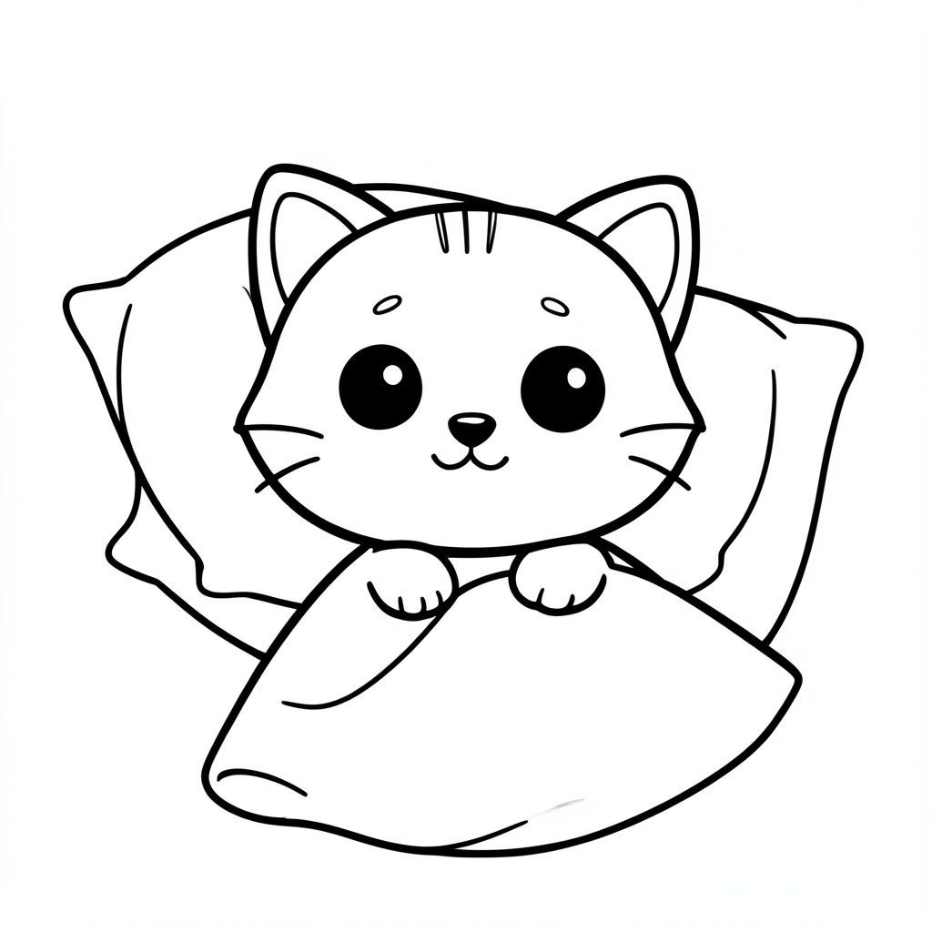 Nhân vật mèo con Kawaii, đầu tròn rất to, thân hình nhỏ xíu, chân ngắn, bàn chân nhỏ, tư thế đơn giản dễ thương, mắt đen tròn to, mũi nhỏ, khuôn mặt cười, má mũm mĩm, 3 đường trán nhỏ, râu đơn giản, tai nhỏ với chi tiết bên trong.

Phong cách: trang sách tô màu trẻ em, đường viền dày rõ ràng, chỉ nghệ thuật đường đen, không màu, không thang độ xám, không đổ bóng, không kết cấu, không lộn xộn nền, nền trắng, các yếu tố tối thiểu, không gian mở rộng để tô màu dễ dàng, hình dạng đơn giản và rõ ràng, thân thiện với trẻ mới biết đi (3-6 tuổi), độ tương phản cao, đường tròn mượt mà.

Bố cục: ký tự căn giữa đơn, tập trung vào hoạt động, không có đường viền, không có bảng.

Chất lượng: 300 DPI, độ phân giải cao, sẵn sàng in.

Tỷ lệ khung hình: 2: 3 (trang dọc)

Sử dụng kiểu nhất quán sau đây cho TẤT CẢ hình ảnh

Tên sách: Baby Cat Adventure Day

Tạo hoạt động sau:

1. Mèo con ngủ trên giường với gối và chăn.

Sử dụng thiết kế nhân vật GIỐNG NHAU trong tất cả các hình ảnh, khuôn mặt và tỷ lệ giống hệt nhau.

Hình dạng vô cùng đơn giản, loại bỏ mọi chi tiết thừa.