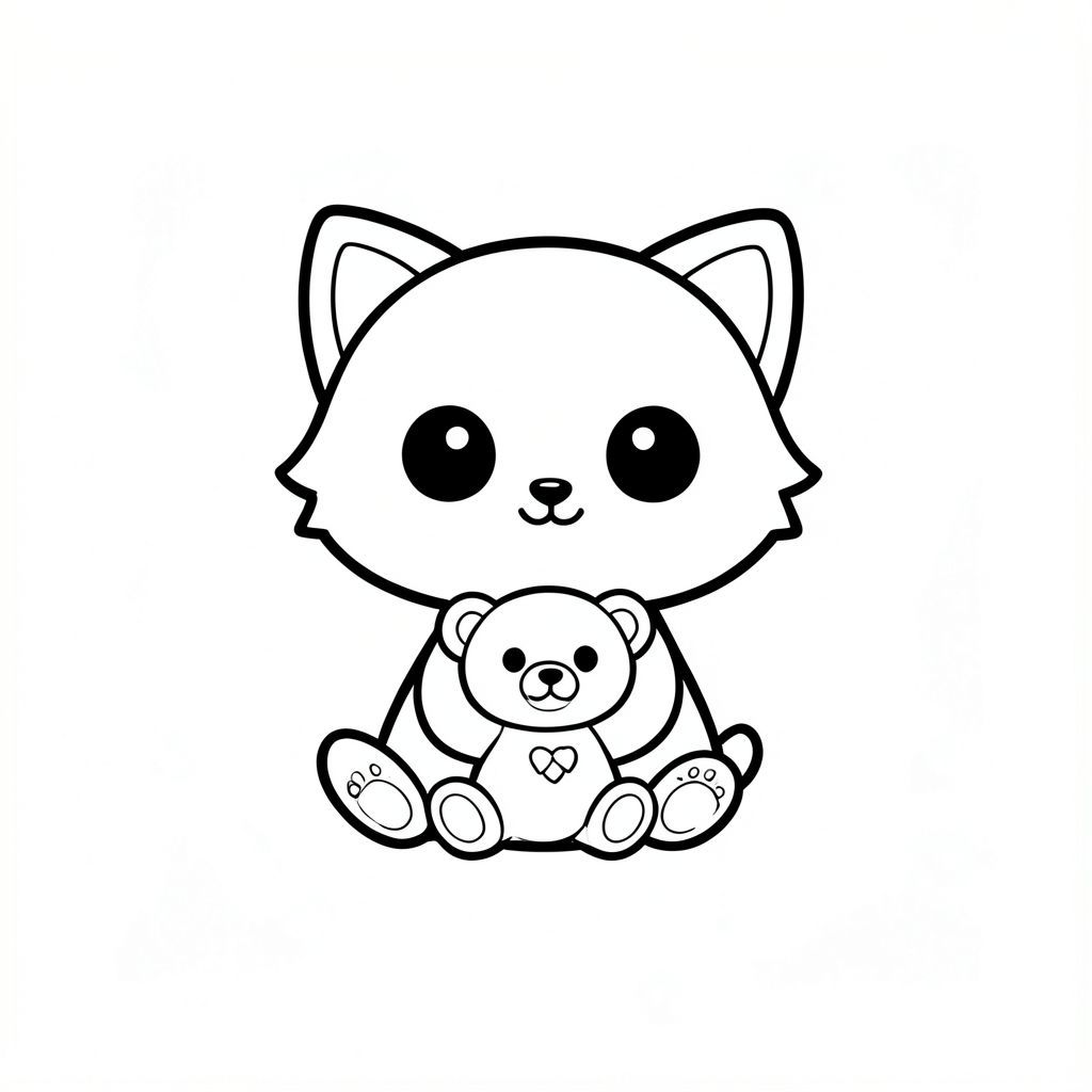 Minh họa sách tô màu đen trắng cho trẻ từ 3 đến 6 tuổi. Nhân vật chính: mèo con kawaii. Phong cách chibi dễ thương với cái đầu tròn rất to, thân hình nhỏ xíu, chân ngắn, bàn chân nhỏ, đôi mắt to đơn giản, khuôn mặt tươi cười, dáng tròn mềm mại. Con mèo là nhân vật duy nhất. Chủ đề: ngày phiêu lưu của mèo con.
Cảnh thân thiện với trẻ mới biết đi đơn giản với trọng tâm hoạt động đơn rõ ràng. Không phức tạp, không lộn xộn nền, không có đối tượng thừa, các yếu tố tối thiểu.
Chỉ có đường viền dày rõ ràng, nghệ thuật đường nét có độ tương phản cao. Không màu, không thang độ xám, không đổ bóng, không bóng, không gradient.
Chỉ nền trắng. Không văn bản, không tiêu đề, không số, không ký hiệu, không hình mờ.
Bố cục rất đơn giản, diện tích trống lớn để tô màu, tạo hình dễ dàng cho trẻ mới biết đi.
--AR 2:3.

Tạo một nghệ thuật đường nét mèo con dễ thương đơn giản, Mèo con ngồi với bông bông yêu thích của nó, đường viền dày, không thay đổi tính cách, nền trắng.

nhất quán trong tính cách, không thay đổi.

Ký tự đơn ở giữa trên nền trắng trơn. 

Lời nhắc phủ định: Không có hình nền, chi tiết, không có biểu tượng bổ sung và không có đường viền. Chỉ nghệ thuật đường nét cô lập. Hình ảnh lớn bao phủ toàn bộ trang, trung tâm