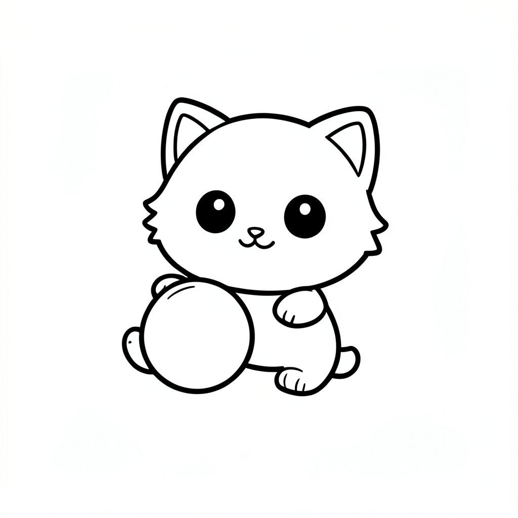 Minh họa sách tô màu đen trắng cho trẻ từ 3 đến 6 tuổi. Nhân vật chính: mèo con kawaii. Phong cách chibi dễ thương với cái đầu tròn rất to, thân hình nhỏ xíu, chân ngắn, bàn chân nhỏ, đôi mắt to đơn giản, khuôn mặt tươi cười, dáng tròn mềm mại. Con mèo là nhân vật duy nhất. Chủ đề: ngày phiêu lưu của mèo con.
Cảnh thân thiện với trẻ mới biết đi đơn giản với trọng tâm hoạt động đơn rõ ràng. Không phức tạp, không lộn xộn nền, không có đối tượng thừa, các yếu tố tối thiểu.
Chỉ có đường viền dày rõ ràng, nghệ thuật đường nét có độ tương phản cao. Không màu, không thang độ xám, không đổ bóng, không bóng, không gradient.
Chỉ nền trắng. Không văn bản, không tiêu đề, không số, không ký hiệu, không hình mờ.
Bố cục rất đơn giản, diện tích trống lớn để tô màu, tạo hình dễ dàng cho trẻ mới biết đi.
--AR 2:3.

Tạo một nghệ thuật đường nét mèo con dễ thương đơn giản, Mèo con chơi với quả bóng lớn, đường viền dày, không thay đổi tính cách, nền trắng.

nhất quán trong tính cách, không thay đổi.

Ký tự đơn ở giữa trên nền trắng trơn. 

Lời nhắc phủ định: Không có hình nền, chi tiết, không có biểu tượng bổ sung và không có đường viền. Chỉ nghệ thuật đường nét cô lập. Hình ảnh lớn bao phủ toàn bộ trang, trung tâm