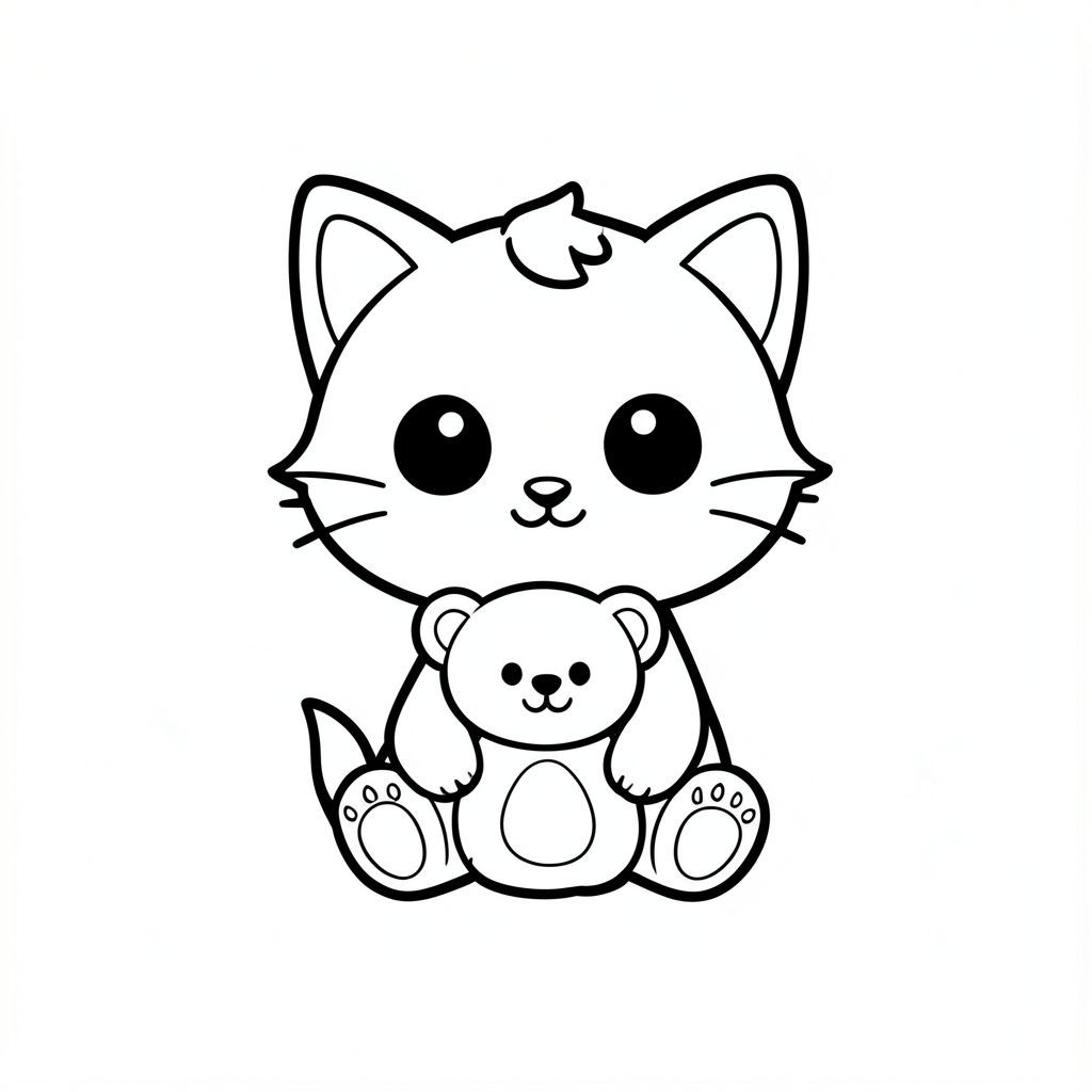 Minh họa sách tô màu đen trắng cho trẻ từ 3 đến 6 tuổi. Nhân vật chính: mèo con kawaii. Phong cách chibi dễ thương với đầu tròn rất lớn trong suốt, Ba bộ râu ngắn, thân hình nhỏ, chân ngắn, bàn chân nhỏ, đôi mắt to đơn giản, khuôn mặt tươi cười, hình tròn mềm mại và rõ ràng. 3 sợi tóc trên trán. Con mèo là nhân vật duy nhất. Chủ đề: ngày phiêu lưu của mèo con.
Cảnh thân thiện với trẻ mới biết đi đơn giản với trọng tâm hoạt động đơn rõ ràng. Không phức tạp, không lộn xộn nền, không có đối tượng thừa, các yếu tố tối thiểu.
Chỉ có đường viền dày rõ ràng, nghệ thuật đường nét có độ tương phản cao. Không màu, không thang độ xám, không đổ bóng, không bóng, không gradient.
Chỉ nền trắng. Không văn bản, không tiêu đề, không số, không ký hiệu, không hình mờ.
Bố cục rất đơn giản, diện tích trống lớn để tô màu, tạo hình dễ dàng cho trẻ mới biết đi.
--AR 2:3.

Tạo một nghệ thuật đường nét mèo con dễ thương đơn giản, Mèo con ngồi với bông bông yêu thích của nó, đường viền dày, không thay đổi tính cách, nền trắng.

nhất quán trong tính cách, không thay đổi.

Ký tự đơn ở giữa trên nền trắng trơn. 

Lời nhắc phủ định: Không có hình nền, chi tiết, không có biểu tượng bổ sung và không có đường viền. Chỉ nghệ thuật đường nét cô lập. Hình ảnh lớn bao phủ toàn bộ trang, trung tâm