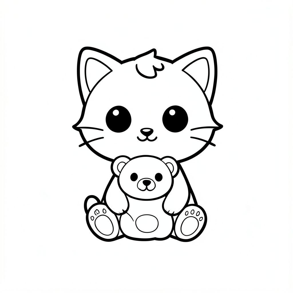 Minh họa sách tô màu đen trắng cho trẻ từ 3 đến 6 tuổi. Nhân vật chính: mèo con kawaii. Phong cách chibi dễ thương với đầu tròn rất lớn trong suốt, Ba bộ râu ngắn, thân hình nhỏ, chân ngắn, bàn chân nhỏ, đôi mắt to đơn giản, khuôn mặt tươi cười, hình tròn mềm mại và rõ ràng. 3 sợi tóc trên trán. Con mèo là nhân vật duy nhất. Chủ đề: ngày phiêu lưu của mèo con.
Cảnh thân thiện với trẻ mới biết đi đơn giản với trọng tâm hoạt động đơn rõ ràng. Không phức tạp, không lộn xộn nền, không có đối tượng thừa, các yếu tố tối thiểu.
Chỉ có đường viền dày sạch sẽ, góc tròn, không có góc nhọn, nghệ thuật đường nét có độ tương phản cao. Không màu, không thang độ xám, không đổ bóng, không bóng, không gradient.
Chỉ nền trắng. Không văn bản, không tiêu đề, không số, không ký hiệu, không hình mờ.
Bố cục rất đơn giản, diện tích trống lớn để tô màu, tạo hình dễ dàng cho trẻ mới biết đi.
--AR 2:3.

Tạo một nghệ thuật đường nét mèo con dễ thương đơn giản, Mèo con ngồi với bông bông yêu thích của nó, đường viền dày, không thay đổi tính cách, nền trắng.

nhất quán trong tính cách, không thay đổi.

Ký tự đơn ở giữa trên nền trắng trơn. 

Lời nhắc phủ định: Không có hình nền, chi tiết, không có biểu tượng bổ sung và không có đường viền. Chỉ nghệ thuật đường nét cô lập. Hình ảnh lớn bao phủ toàn bộ trang, trung tâm