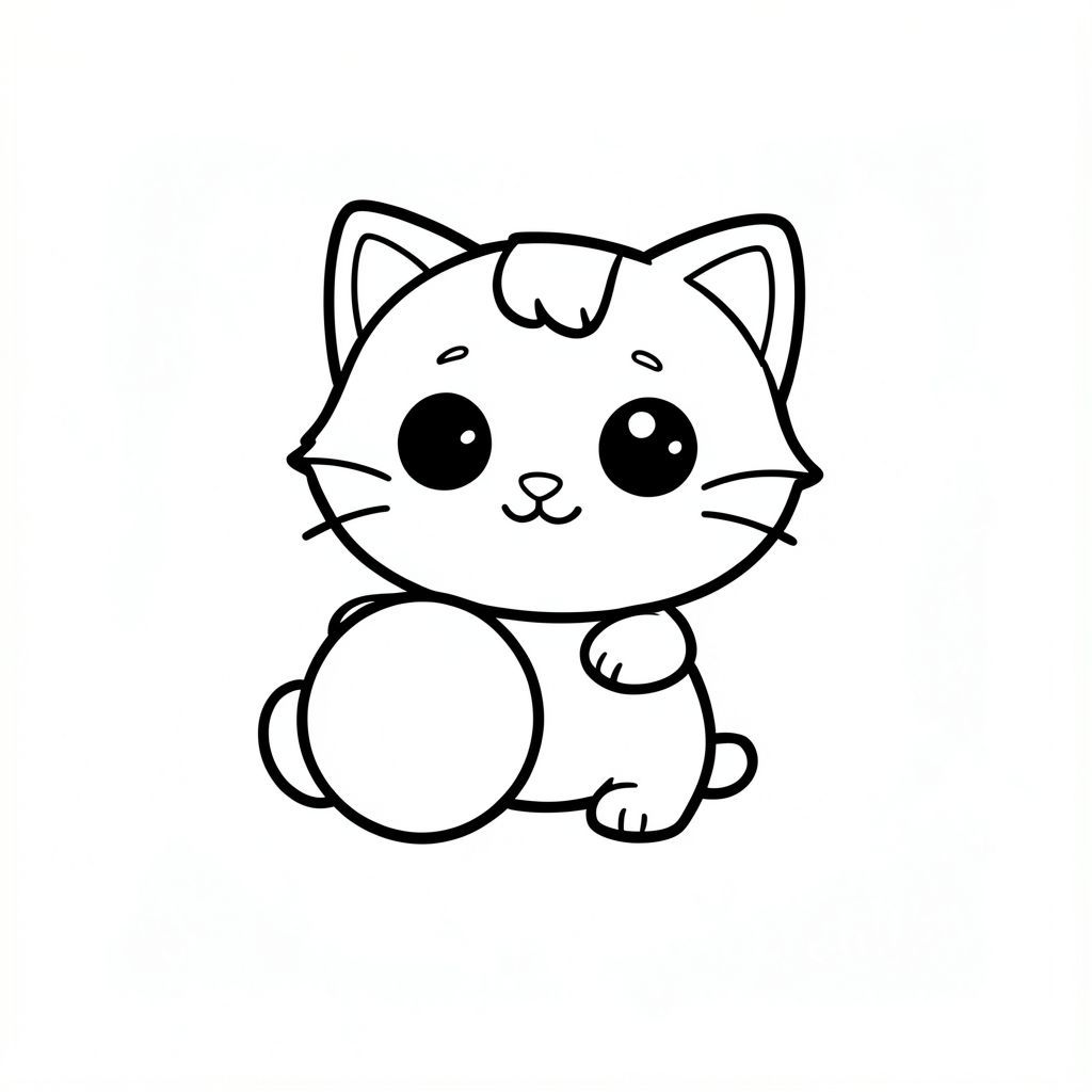 Minh họa sách tô màu đen trắng cho trẻ từ 3 đến 6 tuổi. Nhân vật chính: mèo con kawaii. Phong cách chibi dễ thương với đầu tròn rất lớn trong suốt, Ba bộ râu ngắn, thân hình nhỏ, chân ngắn, bàn chân nhỏ, đôi mắt to đơn giản, khuôn mặt tươi cười, hình tròn mềm mại và rõ ràng. 3 sợi tóc trên trán. Con mèo là nhân vật duy nhất. Chủ đề: ngày phiêu lưu của mèo con.
Cảnh thân thiện với trẻ mới biết đi đơn giản với trọng tâm hoạt động đơn rõ ràng. Không phức tạp, không lộn xộn nền, không có đối tượng thừa, các yếu tố tối thiểu.
Chỉ có đường viền dày rõ ràng, nghệ thuật đường nét có độ tương phản cao. Không màu, không thang độ xám, không đổ bóng, không bóng, không gradient.
Chỉ nền trắng. Không văn bản, không tiêu đề, không số, không ký hiệu, không hình mờ.
Bố cục rất đơn giản, diện tích trống lớn để tô màu, tạo hình dễ dàng cho trẻ mới biết đi.
--AR 2:3.

Tạo một nghệ thuật đường nét mèo con dễ thương đơn giản, Mèo con chơi với quả bóng lớn, đường viền dày, không thay đổi tính cách, nền trắng.

nhất quán trong tính cách, không thay đổi.

Ký tự đơn ở giữa trên nền trắng trơn. 

Lời nhắc phủ định: Không có hình nền, chi tiết, không có biểu tượng bổ sung và không có đường viền. Chỉ nghệ thuật đường nét cô lập. Hình ảnh lớn bao phủ toàn bộ trang, trung tâm