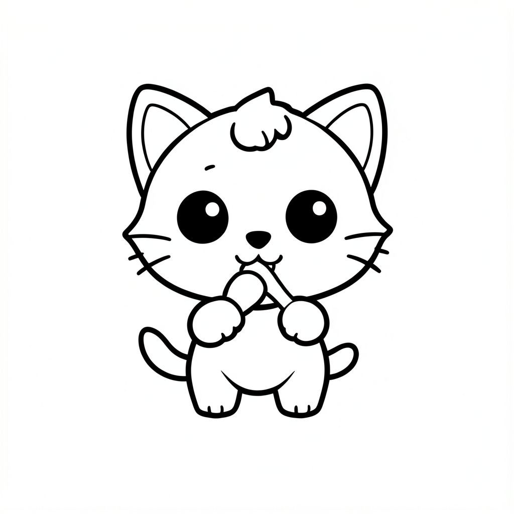 Minh họa sách tô màu đen trắng cho trẻ từ 3 đến 6 tuổi. Nhân vật chính: mèo con kawaii. Phong cách chibi dễ thương với đầu tròn rất lớn trong suốt, Ba bộ râu ngắn, thân hình nhỏ, chân ngắn, bàn chân nhỏ, đôi mắt to đơn giản, khuôn mặt tươi cười, hình tròn mềm mại và rõ ràng. 3 sợi tóc trên trán. Con mèo là nhân vật duy nhất. Chủ đề: ngày phiêu lưu của mèo con.
Cảnh thân thiện với trẻ mới biết đi đơn giản với trọng tâm hoạt động đơn rõ ràng. Không phức tạp, không lộn xộn nền, không có đối tượng thừa, các yếu tố tối thiểu.
Chỉ có đường viền dày rõ ràng, nghệ thuật đường nét có độ tương phản cao. Không màu, không thang độ xám, không đổ bóng, không bóng, không gradient.
Chỉ nền trắng. Không văn bản, không tiêu đề, không số, không ký hiệu, không hình mờ.
Bố cục rất đơn giản, diện tích trống lớn để tô màu, tạo hình dễ dàng cho trẻ mới biết đi.
--AR 2:3.

Tạo nghệ thuật đường nét mèo con kawaii đơn giản, mèo con đánh răng, đường viền dày, không thay đổi tính cách, nền trắng.

nhất quán trong tính cách, không thay đổi.

Ký tự đơn ở giữa trên nền trắng trơn. 

Lời nhắc phủ định: Không có hình nền, chi tiết, không có biểu tượng bổ sung và không có đường viền. Chỉ nghệ thuật đường nét cô lập. Hình ảnh lớn bao phủ toàn bộ trang, trung tâm