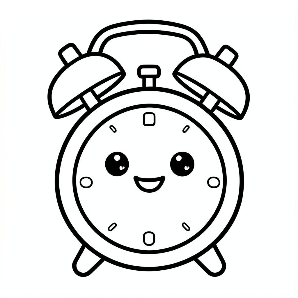 Tranh tô màu đen trắng đơn giản, đường dày cực đậm, chuông đồng hồ báo thức lớn, giữa, không có nền, phong cách trẻ mới biết đi. phong cách kawaii dễ thương, khuôn mặt cười