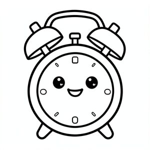 Tranh tô màu đen trắng đơn giản, đường dày cực đậm, chuông đồng hồ báo thức lớn, giữa, không có nền, phong cách trẻ mới biết đi. phong cách kawaii dễ thương, khuôn mặt cười