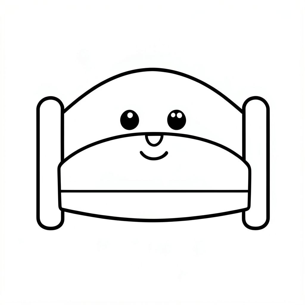 Tranh tô màu đen trắng đơn giản, đường dày đậm, giường đơn giản, ở giữa, không có nền, kiểu trẻ mới biết đi, dành cho trẻ từ 3-5 tuổi. Phong cách kawaii dễ thương, khuôn mặt tươi cười.