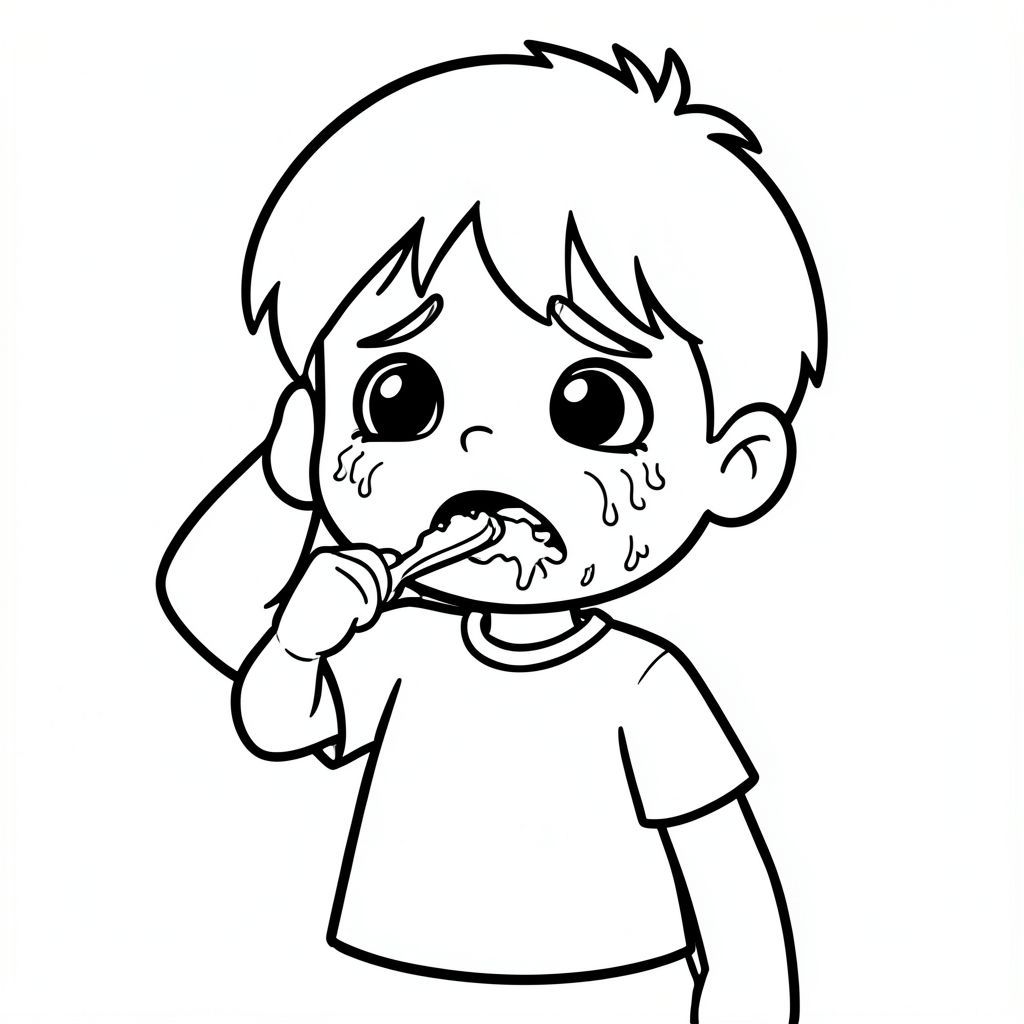 Một đứa trẻ 5 tuổi dễ thương, phong cách hoạt hình kawaii đơn giản, đường viền đậm dày, nền tối giản, tranh tô màu đen trắng, trẻ tránh đánh răng, khuôn mặt lộn xộn, biểu cảm buồn bã cảm xúc rõ ràng, hình dạng lớn, không đổ bóng, phong cách sách tô màu trẻ em "