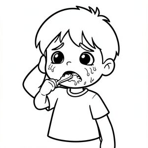 Một đứa trẻ 5 tuổi dễ thương, phong cách hoạt hình kawaii đơn giản, đường viền đậm dày, nền tối giản, tranh tô màu đen trắng, trẻ tránh đánh răng, khuôn mặt lộn xộn, biểu cảm buồn bã cảm xúc rõ ràng, hình dạng lớn, không đổ bóng, phong cách sách tô màu trẻ em "