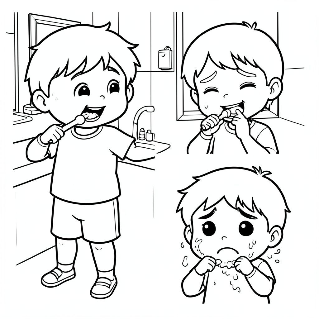 Một đứa trẻ 5 tuổi dễ thương, phong cách hoạt hình kawaii đơn giản, đường viền đậm dày, nền tối giản, tranh tô màu đen trắng, [trẻ đánh răng vui vẻ trong phòng tắm, mỉm cười, môi trường sạch sẽ / cùng một đứa trẻ tránh đánh răng, khuôn mặt lộn xộn, biểu cảm buồn bã], cảm xúc rõ ràng, hình dạng lớn, không đổ bóng, phong cách sách tô màu trẻ em "