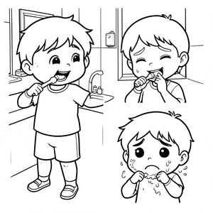 Một đứa trẻ 5 tuổi dễ thương, phong cách hoạt hình kawaii đơn giản, đường viền đậm dày, nền tối giản, tranh tô màu đen trắng, [trẻ đánh răng vui vẻ trong phòng tắm, mỉm cười, môi trường sạch sẽ / cùng một đứa trẻ tránh đánh răng, khuôn mặt lộn xộn, biểu cảm buồn bã], cảm xúc rõ ràng, hình dạng lớn, không đổ bóng, phong cách sách tô màu trẻ em "