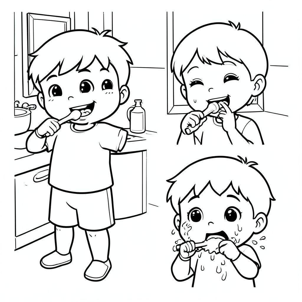 Một đứa trẻ 5 tuổi dễ thương, phong cách hoạt hình kawaii đơn giản, đường viền đậm dày, nền tối giản, tranh tô màu đen trắng, [trẻ đánh răng vui vẻ trong phòng tắm, mỉm cười, môi trường sạch sẽ / cùng một đứa trẻ tránh đánh răng, khuôn mặt lộn xộn], cảm xúc rõ ràng, hình dạng lớn, không đổ bóng, phong cách sách tô màu trẻ em "