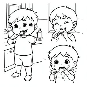 Một đứa trẻ 5 tuổi dễ thương, phong cách hoạt hình kawaii đơn giản, đường viền đậm dày, nền tối giản, tranh tô màu đen trắng, [trẻ đánh răng vui vẻ trong phòng tắm, mỉm cười, môi trường sạch sẽ / cùng một đứa trẻ tránh đánh răng, khuôn mặt lộn xộn], cảm xúc rõ ràng, hình dạng lớn, không đổ bóng, phong cách sách tô màu trẻ em "