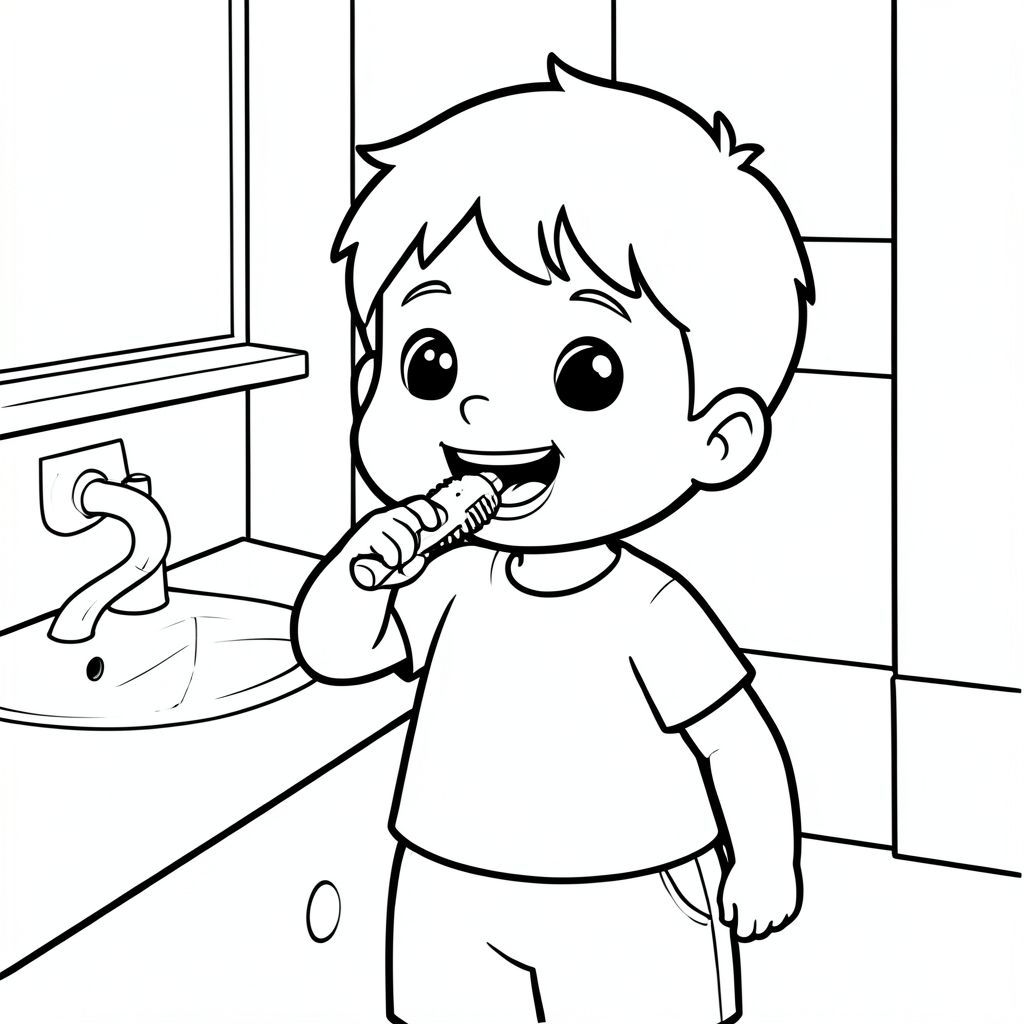 Một đứa trẻ 5 tuổi dễ thương, phong cách hoạt hình kawaii đơn giản, đường viền đậm dày, nền tối giản, trang tô màu đen trắng, [trẻ đánh răng vui vẻ trong phòng tắm, mỉm cười, môi trường sạch sẽ, cảm xúc rõ ràng, hình dạng lớn, không đổ bóng, phong cách sách tô màu trẻ em"