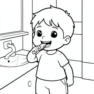 Một đứa trẻ 5 tuổi dễ thương, phong cách hoạt hình kawaii đơn giản, đường viền đậm dày, nền tối giản, trang tô màu đen trắng, [trẻ đánh răng vui vẻ trong phòng tắm, mỉm cười, môi trường sạch sẽ, cảm xúc rõ ràng, hình dạng lớn, không đổ bóng, phong cách sách tô màu trẻ em"