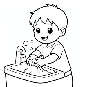 Cùng một nhân vật cậu bé 5 tuổi từ tài liệu tham khảo, phong cách hoạt hình đơn giản dễ thương, đường viền đậm dày, hình dạng lớn, chi tiết tối thiểu, tranh tô màu đen trắng, rửa tay bằng xà phòng, bong bóng, mỉm cười, bồn rửa sạch, biểu cảm hạnh phúc, cảm xúc rõ ràng, cùng kiểu tóc và quần áo giống nhau, không lộn xộn nền, không đổ bóng, phong cách sách tô màu trẻ em