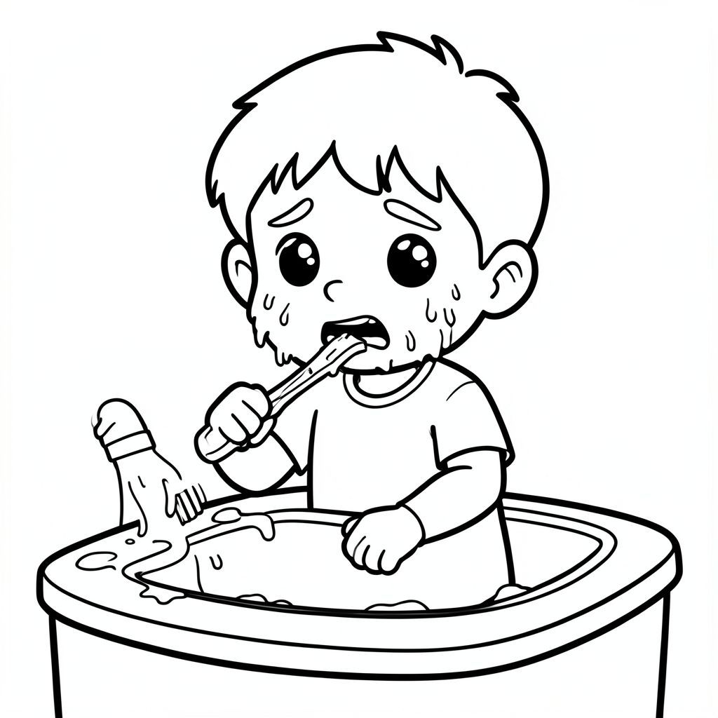 Cùng một nhân vật cậu bé 5 tuổi từ tài liệu tham khảo, phong cách hoạt hình đơn giản dễ thương, đường viền đậm dày, hình dạng lớn, chi tiết tối thiểu, tranh tô màu đen trắng, Cùng một nhân vật cậu bé 5 tuổi từ tài liệu tham khảo, từ chối đánh răng, khuôn mặt lộn xộn, cầm bàn chải đánh răng bẩn xuống, biểu cảm không vui, bồn rửa lộn xộn, phong cách dễ thương, đường viền dày, tranh tô màu đen trắng, cảm xúc rõ ràng, cùng kiểu tóc và cùng quần áo,  Không lộn xộn nền, không đổ bóng, phong cách sách tô màu trẻ em