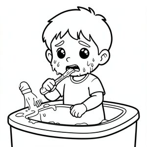 Cùng một nhân vật cậu bé 5 tuổi từ tài liệu tham khảo, phong cách hoạt hình đơn giản dễ thương, đường viền đậm dày, hình dạng lớn, chi tiết tối thiểu, tranh tô màu đen trắng, Cùng một nhân vật cậu bé 5 tuổi từ tài liệu tham khảo, từ chối đánh răng, khuôn mặt lộn xộn, cầm bàn chải đánh răng bẩn xuống, biểu cảm không vui, bồn rửa lộn xộn, phong cách dễ thương, đường viền dày, tranh tô màu đen trắng, cảm xúc rõ ràng, cùng kiểu tóc và cùng quần áo,  Không lộn xộn nền, không đổ bóng, phong cách sách tô màu trẻ em