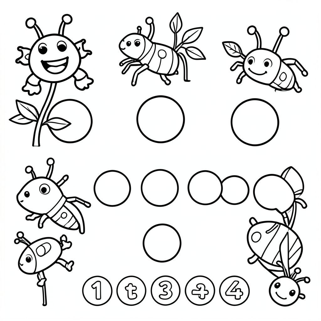 bảng tính đơn giản với lỗi, vòng tròn trống cho trẻ vẽ chấm, đếm từ 1 đến 4, rất đơn giản, đường viền dày, dành cho trẻ 3 tuổi