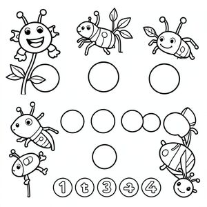 bảng tính đơn giản với lỗi, vòng tròn trống cho trẻ vẽ chấm, đếm từ 1 đến 4, rất đơn giản, đường viền dày, dành cho trẻ 3 tuổi