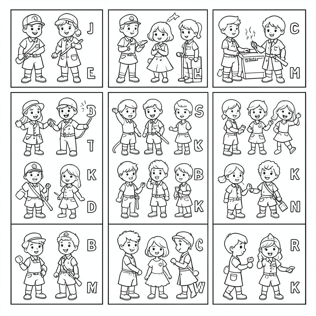 Tạo 50 trang tô màu riêng lẻ cho một cuốn sách với trẻ em trong trang phục lao động khác nhau và các chữ cái theo thứ tự bảng chữ cái bên cạnh mỗi trang