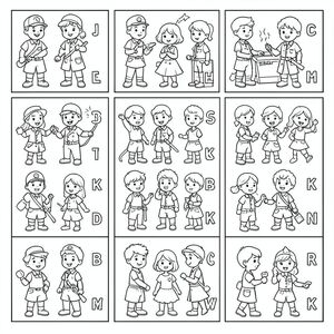 Tạo 50 trang tô màu riêng lẻ cho một cuốn sách với trẻ em trong trang phục lao động khác nhau và các chữ cái theo thứ tự bảng chữ cái bên cạnh mỗi trang