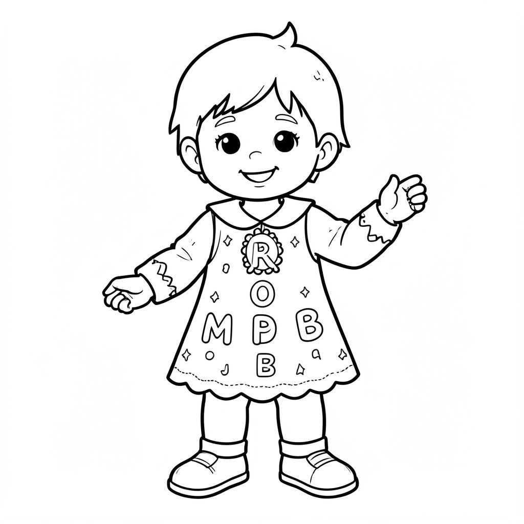 Tạo cho tôi một đứa trẻ để vẽ một trang chúng tôi đang mặc trang phục với bảng chữ cái