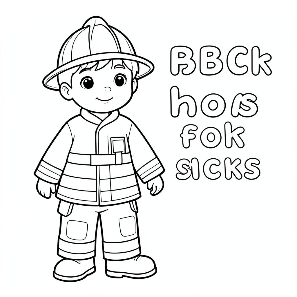 Tạo cho tôi một đứa trẻ mặc trang phục lính cứu hỏa với các từ bảng chữ cái bên cạnh để tô màu