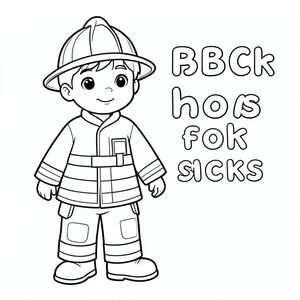 Tạo cho tôi một đứa trẻ mặc trang phục lính cứu hỏa với các từ bảng chữ cái bên cạnh để tô màu