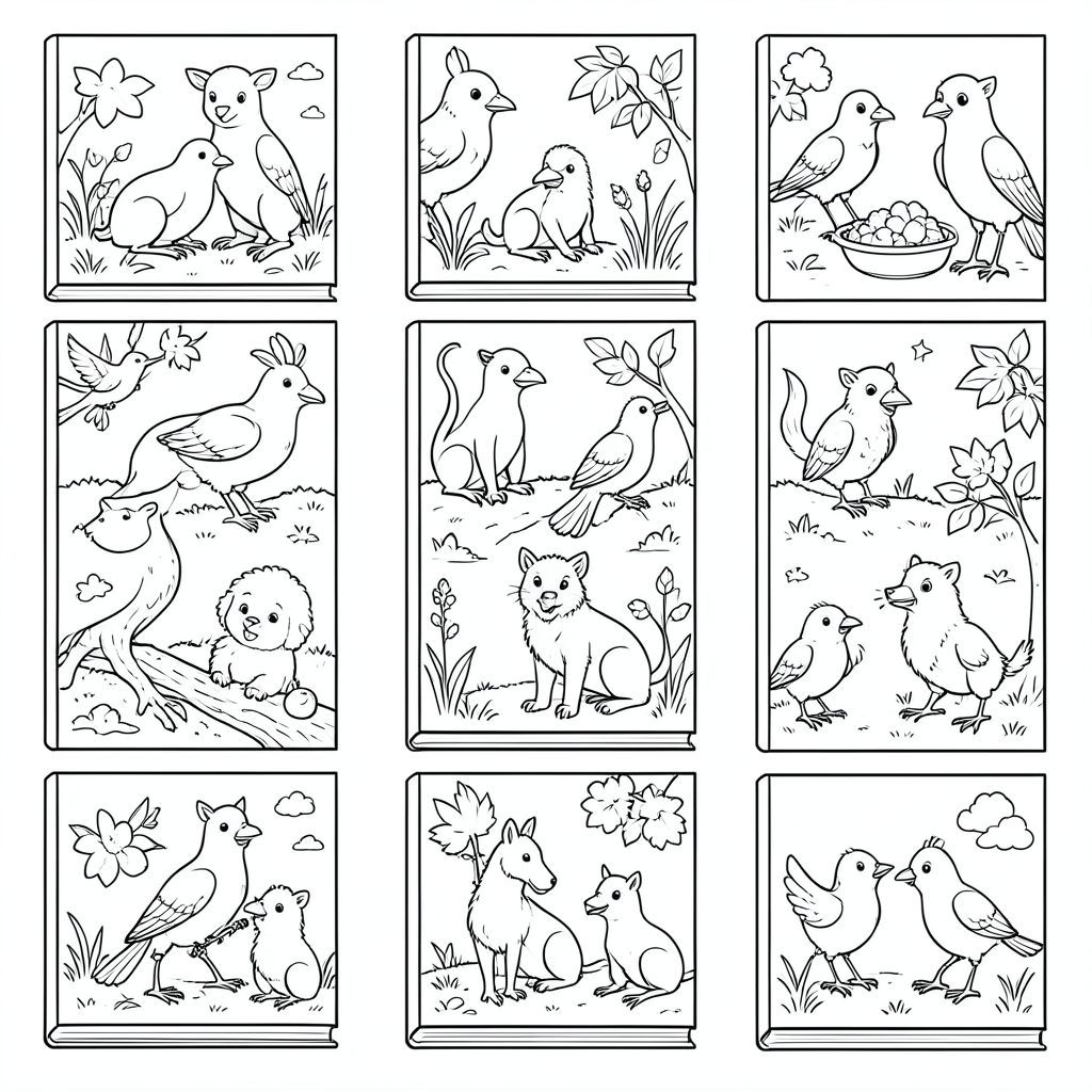 Tạo cho tôi 10 trang cá nhân để bìa sách về động vật và chim