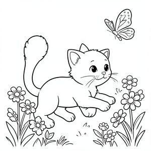 Một chú mèo dễ thương đuổi bướm và chơi với hoa, nghệ thuật đường nét đen trắng, trang tô màu đơn giản, đường viền sạch sẽ, không đổ bóng, dành cho trẻ em.