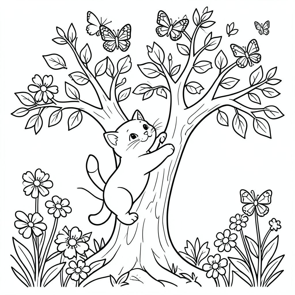 Một chú mèo tò mò trèo cây để tiếp cận những con bướm bay xung quanh, xung quanh là hoa và lá, nghệ thuật đường nét đen trắng, trang tô màu đơn giản, không đổ bóng, dành cho trẻ em